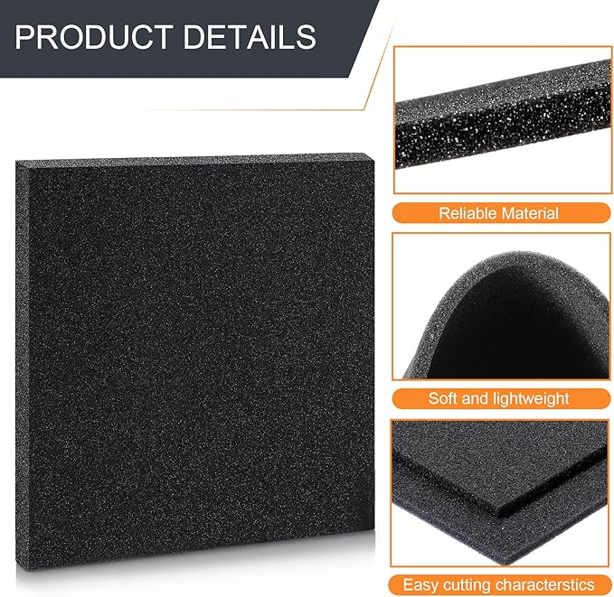 Pangda 2 Pcs Black Foam Pad 12 x 12 x 0.25 Inches Cuttable Polyurethane Foam Sheet, High Density, Non Corrosive, Anti Static Pad for Packing Crafts Cases Toolbox Camera Storage