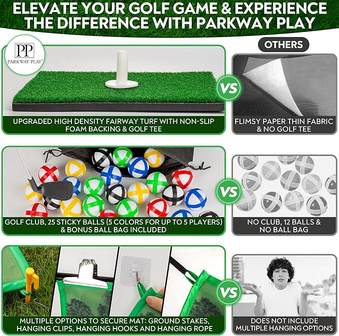 Sticky Golf Chipping Game Set - 6x6 ft Metal Frame Option with Adjustable Clubs, 25 Sticky Balls, Turf Chipping Mat & Scoreboard - Backyard Golf Target Game for All Ages for Indoor/Outdoor Practice