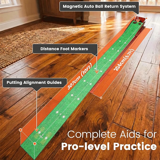 Putting Green Indoor with Three-Level Adjustable Incline, Auto Ball Return - Easy to Fold Solid Wood Base, Golf Training Aid for Home, Office, Backyard - Golf Putting Mat for Men