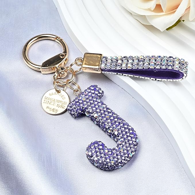 Pink Blue White Initial Letter Keychain Gift for Women Girls Bling Sparkly Cute Backpack Car Key Accessories Lanyard