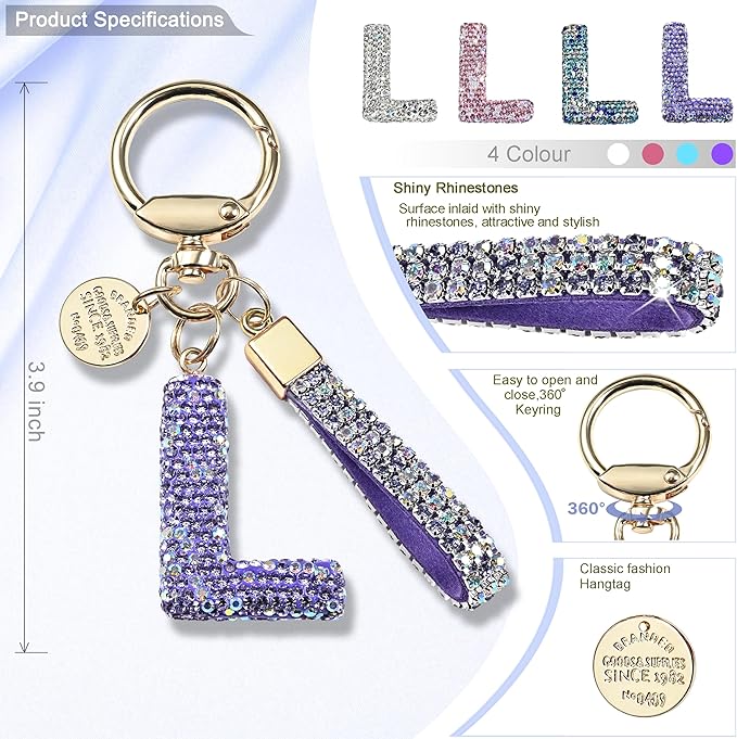 Pink Blue White Initial Letter Keychain Gift for Women Girls Bling Sparkly Cute Backpack Car Key Accessories Lanyard