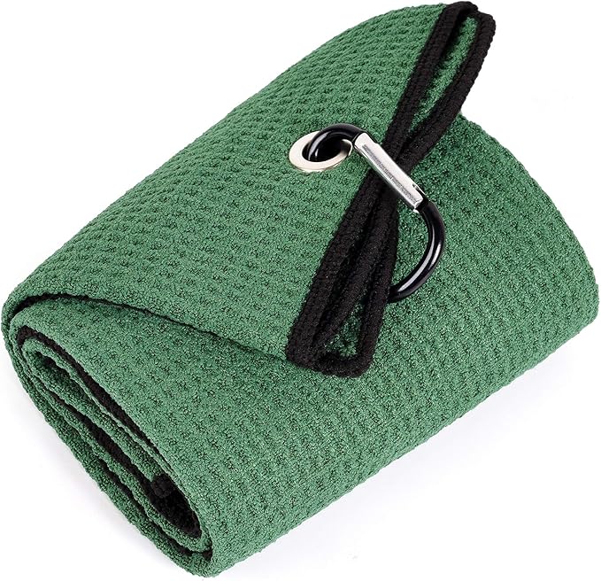 Mile High Life Tri-fold Golf Towel | Premium Microfiber Fabric | Waffle Pattern | with Heavy Duty Carabiner Clip | Golf Towel for Men and Women (GreenGolf Towel)
