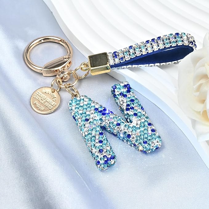 Pink Blue White Initial Letter Keychain Gift for Women Girls Bling Sparkly Cute Backpack Car Key Accessories Lanyard