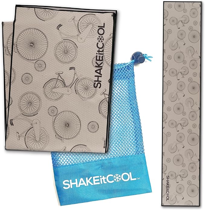 SHAKEitCOOL Original Cooling Towel – Be Cool in Style - Heat Relief, Soft, Lightweight, Sun Protection, Easy Clean - Perfect for Biking, Hiking, Running, Yoga, Golf, Gym, Baseball - Vintage Bike