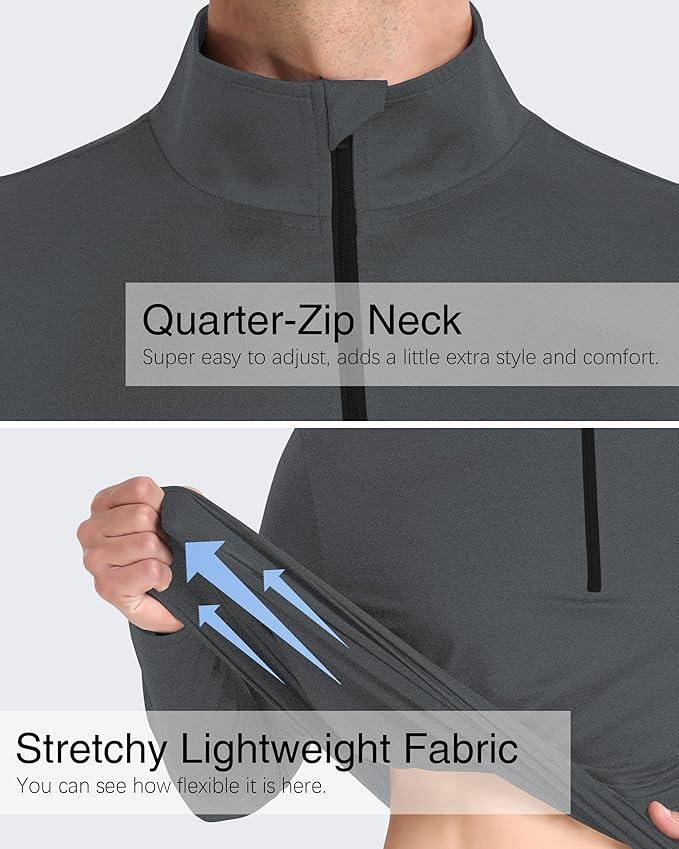 Mens Long Sleeve Shirts Quarter Zip Pullover UPF 50+ Sun Protection Wicking Moisture Workout Running Casual Athletic Tops
