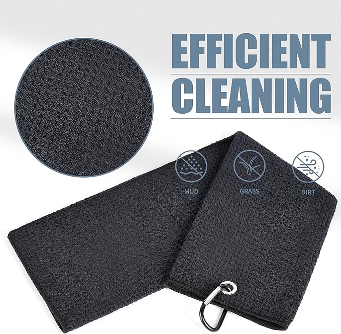 Mile High Life Tri-fold Golf Towel | 16" X 24" | Premium Microfiber Fabric | Waffle Pattern | with Heavy Duty Carabiner Clip | for Men and Women (Black & Navy)