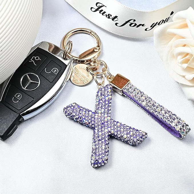 Pink Blue White Initial Letter Keychain Gift for Women Girls Bling Sparkly Cute Backpack Car Key Accessories Lanyard