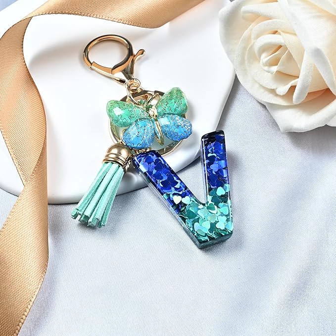 JINGUAZI Initial letter Keychains for Women Tassel Butterfly Pink Purple Cute Car Keychain for Wallet Backpack bag charm