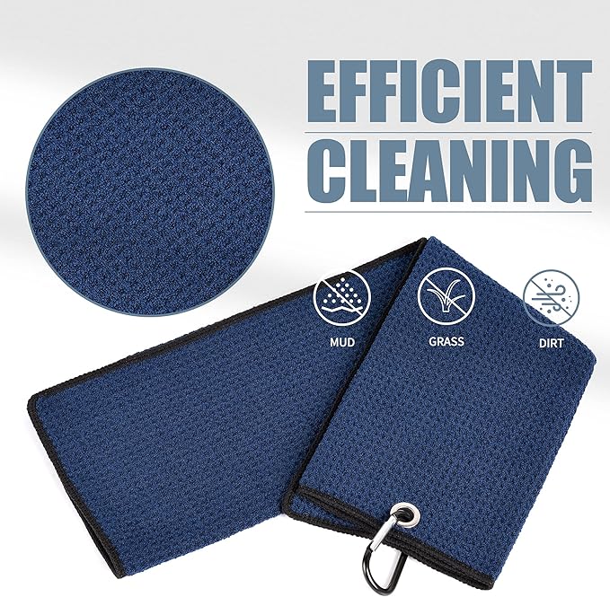 Mile High Life Tri-fold Golf Towel | Premium Microfiber Fabric | Waffle Pattern | with Heavy Duty Carabiner Clip | Golf Towel for Men and Women (NavyGolf Towel)