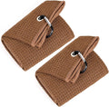 Mile High Life Tri-fold Golf Towel | 16" X 24" | Premium Microfiber Fabric | Waffle Pattern | with Heavy Duty Carabiner Clip | for Men and Women (2 Pack Brown)