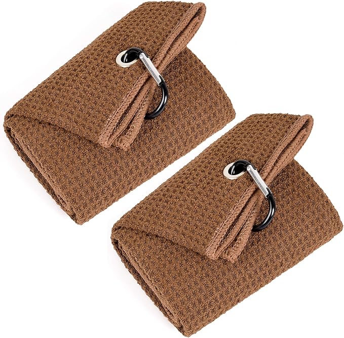 Mile High Life Tri-fold Golf Towel | 16" X 24" | Premium Microfiber Fabric | Waffle Pattern | with Heavy Duty Carabiner Clip | for Men and Women (2 Pack Brown)