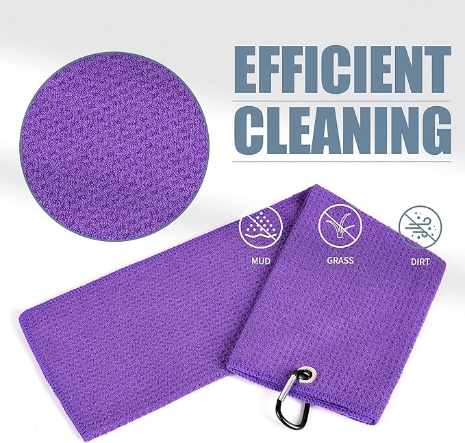 Mile High Life Tri-fold Golf Towel | 16" X 24" | Premium Microfiber Fabric | Waffle Pattern | with Heavy Duty Carabiner Clip | for Men and Women (Purple)