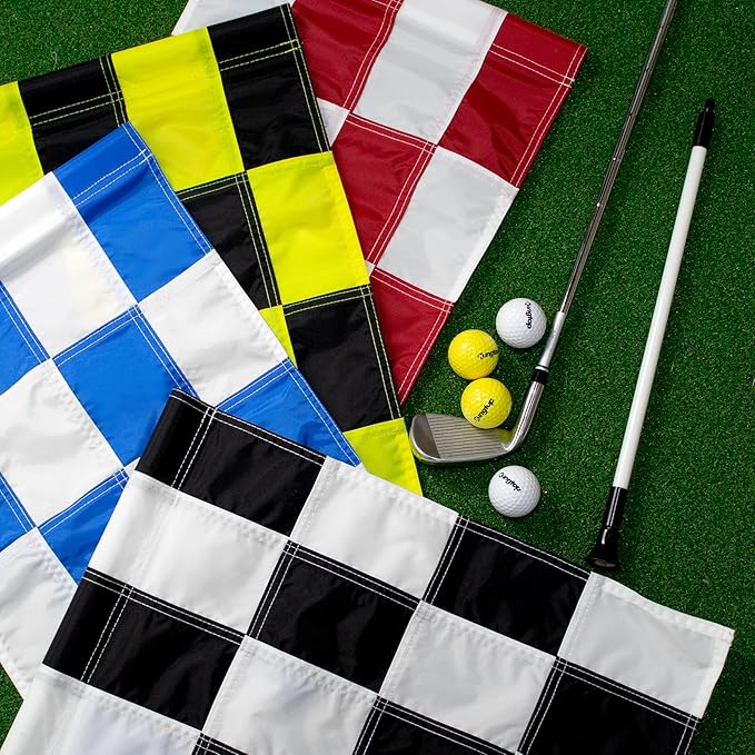 KINGTOP Checkered Golf Flag 20x14 Inch – Tube Inserted, 420D Nylon – Standard Putting Green Flags for Backyard Practice, Golf Courses, Country Club, Mixed Colors, 4-Pack