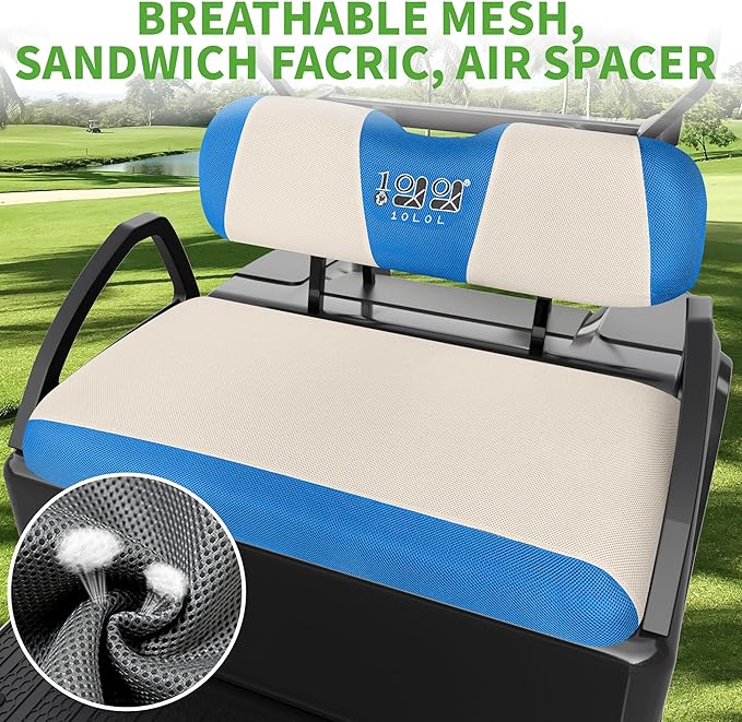 10L0L Golf Cart Seat Covers Kit - Universal Fit for EZGO TXT/RXV Front Seats | Breathable Mesh Fabric | Easy Installation | Beige & Blue (No Staples Required)