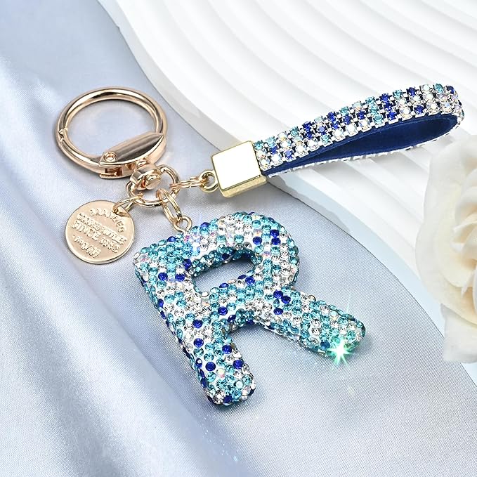 Pink Blue White Initial Letter Keychain Gift for Women Girls Bling Sparkly Cute Backpack Car Key Accessories Lanyard