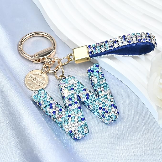 Pink Blue White Initial Letter Keychain Gift for Women Girls Bling Sparkly Cute Backpack Car Key Accessories Lanyard