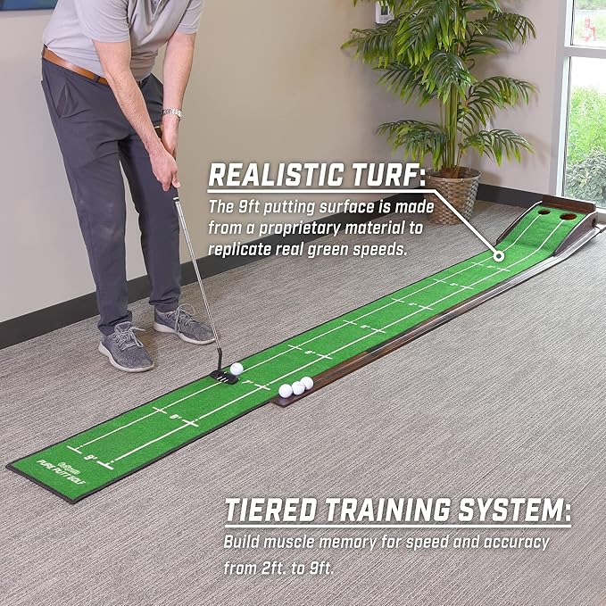 GoSports Pure Putt Golf 9 ft Putting Green Ramp - Black or Brown - Premium Wood Training Aid for Home & Office Putting Practice - Includes 4 Golf Balls