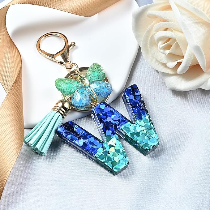 JINGUAZI Initial letter Keychains for Women Tassel Butterfly Pink Purple Cute Car Keychain for Wallet Backpack bag charm