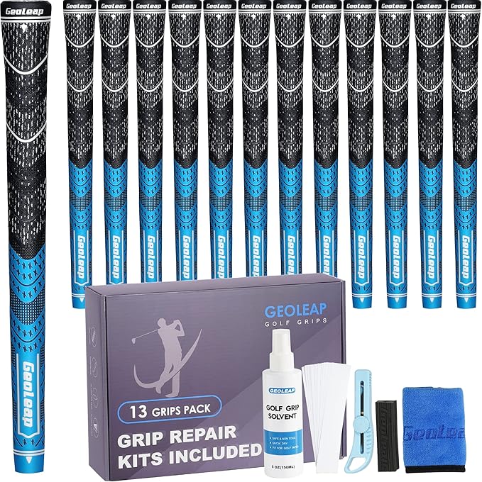 Geoleap Golf Grips Set of 13- Grips with Tapes and with All Repair Kits for Choice,Hybrid Golf Club Grips,Standard/Midsize,All Weather Contral, High Feedback & Traction.