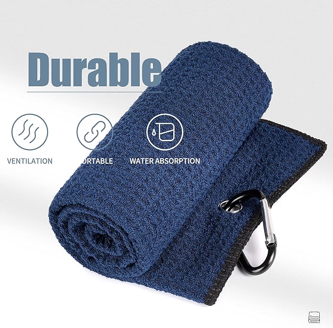 Mile High Life Tri-fold Golf Towel | Premium Microfiber Fabric | Waffle Pattern | with Heavy Duty Carabiner Clip | Golf Towel for Men and Women (NavyGolf Towel)
