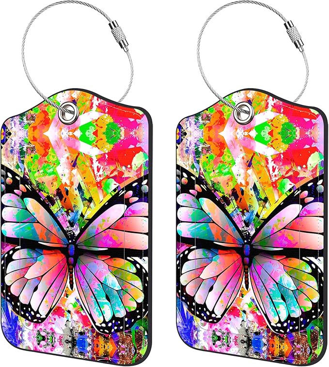 2 Pack Luggage Tags for Suitcase,Abstract Butterfly PU Leather Luggage Tags with Privacy Cover Name Address Labels and Steel Ring,Creative Travel Accessories for Men and Women