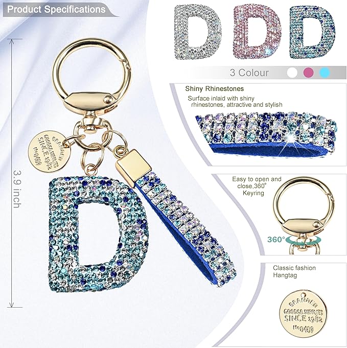 Pink Blue White Initial Letter Keychain Gift for Women Girls Bling Sparkly Cute Backpack Car Key Accessories Lanyard