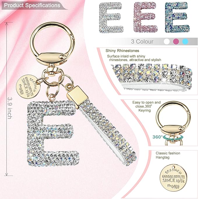 Pink Blue White Initial Letter Keychain Gift for Women Girls Bling Sparkly Cute Backpack Car Key Accessories Lanyard