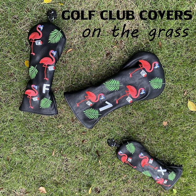 Flamingo Golf Club Headcover 3 Wood Head Cover Golf Premium（PU Leather Driver Fairway Wood Hybrid Head Cover Fits for All Brand