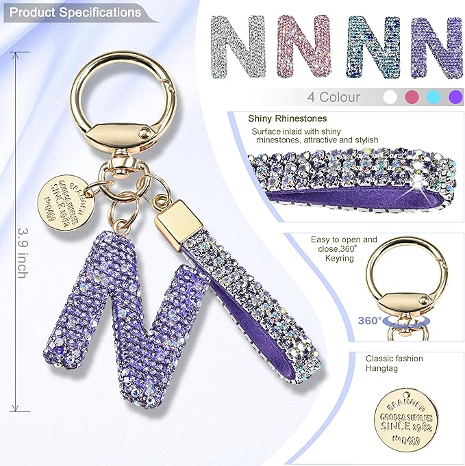 Pink Blue White Initial Letter Keychain Gift for Women Girls Bling Sparkly Cute Backpack Car Key Accessories Lanyard