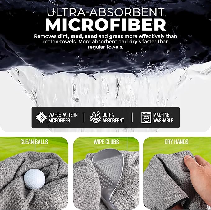 Golf'N Microfiber Towel - Magnetic Golf Towel Dark Gray 16" x 24" Golf Towels for Golf Bags with N52 Heavy Duty Magnets, Carabiner Clip & Cross Stitched Reinforced Loop, Premium Golf Accessories