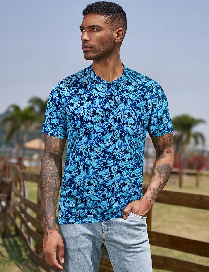 TAPULCO Mens Collarless Golf Shirts Short Sleeve Dry Fit Stretch Casual Breathable Lightweight Tshirts