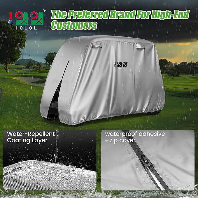 10L0L Golf Cart Cover 2/4/4+2 Passenger for Yamaha EZGO Club Car, Heavy Duty 420D Waterproof Windproof Durable Polyester Golf Cart Cover with 3 Zipper Doors for All-Weather Protection (Black/Silver)