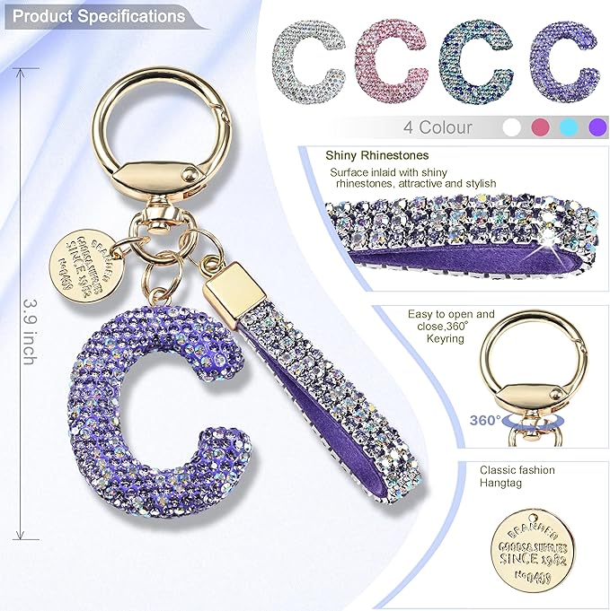 Pink Blue White Initial Letter Keychain Gift for Women Girls Bling Sparkly Cute Backpack Car Key Accessories Lanyard