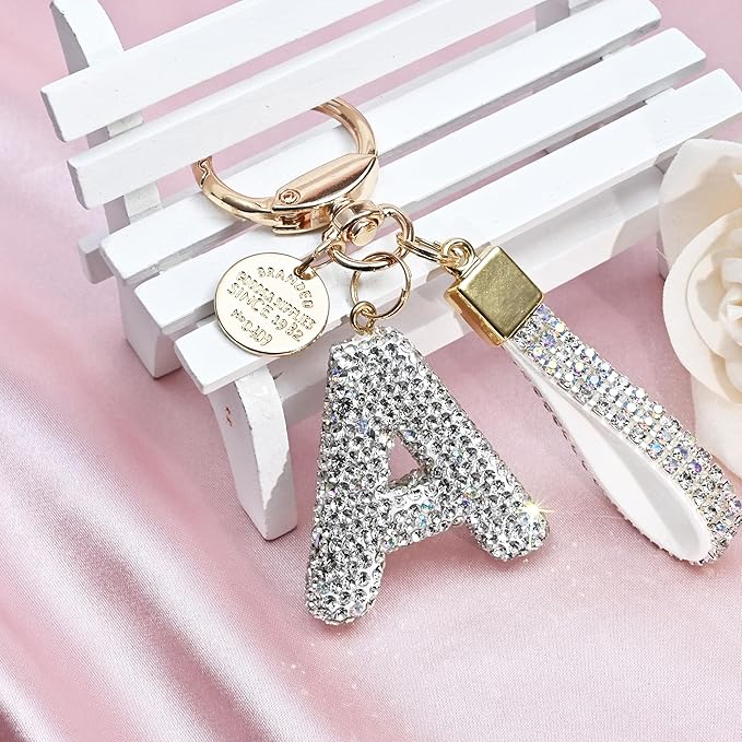 Pink Blue White Initial Letter Keychain Gift for Women Girls Bling Sparkly Cute Backpack Car Key Accessories Lanyard