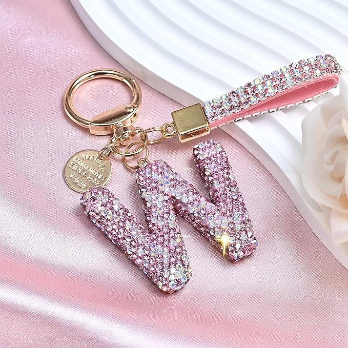 Pink Blue White Initial Letter Keychain Gift for Women Girls Bling Sparkly Cute Backpack Car Key Accessories Lanyard