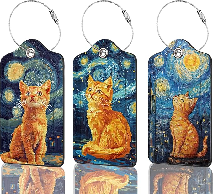 3 Pack PU Leahter Luggage Tag with Stainless Steel Loop, Starry Sky Cat Travel Suitcase Labels with Privacy Cover ID Label Quickly Spot for Bags
