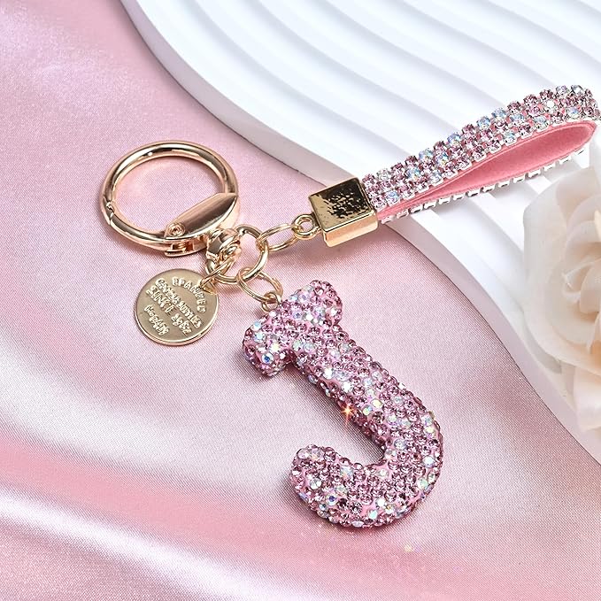Pink Blue White Initial Letter Keychain Gift for Women Girls Bling Sparkly Cute Backpack Car Key Accessories Lanyard