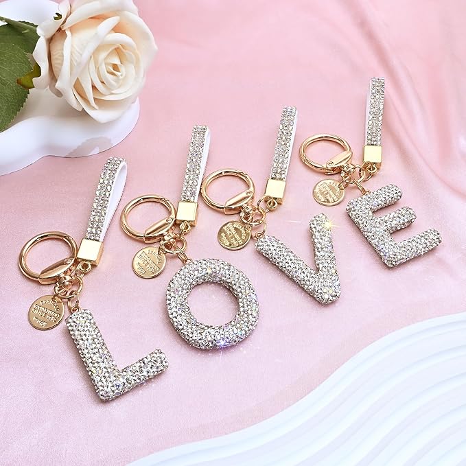 Pink Blue White Initial Letter Keychain Gift for Women Girls Bling Sparkly Cute Backpack Car Key Accessories Lanyard