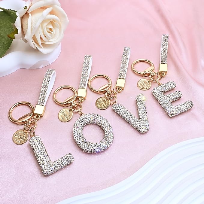 Pink Blue White Initial Letter Keychain Gift for Women Girls Bling Sparkly Cute Backpack Car Key Accessories Lanyard