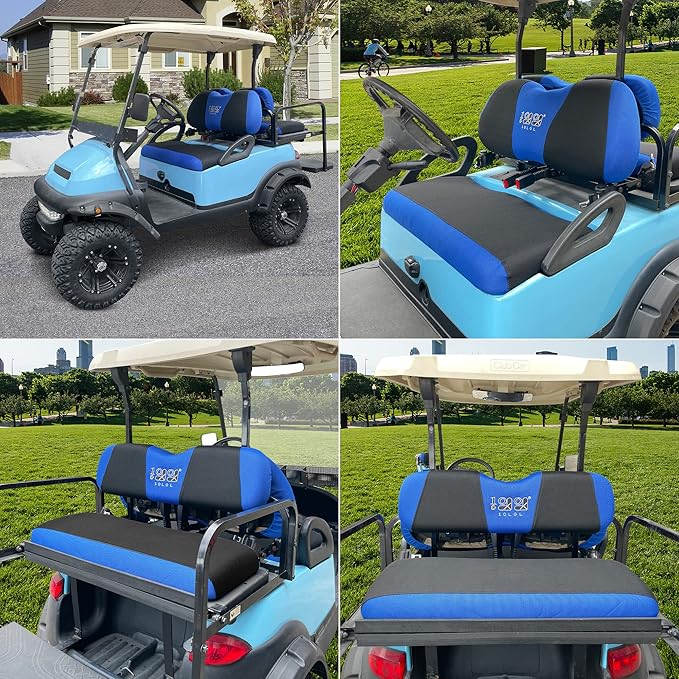 10L0L Golf Cart Front and Rear Seat Cover Set for Club Car Precedent/Onward/Tempo & Yamaha G29 Drive/Drive 2,Stylish 4 Passenger Front Back Seat Covers,Breathable Washable Polyester Mesh (Black/Blue)