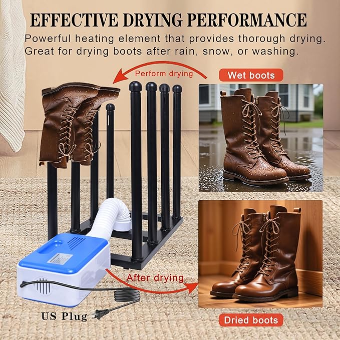 Boot Rack with Drying & Deodorizer, Heavy Duty Anti Rollover and Storage Functions, Suitable for Various Boots, Shoes, Gloves, Helmets, With Multifunctional Portable Dryer with Timer 600w