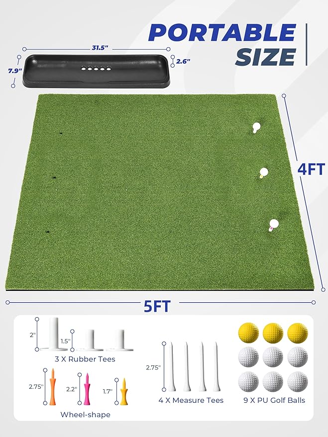 5x4ft Golf Hitting Mat, Thickened 21mm/31mm/36mm Artificial Turf Golf Practice Mats for Indoor Outdoor Backyard Driving Swing Training with 9 PU Balls, 3 Rubber Tees, 7 Tees