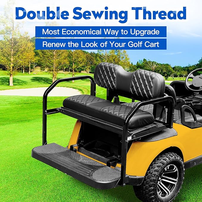 NOKINS 4PCS Golf Cart Diamond Seat Covers Kit, Front and Rear Seat Covers Fits Club Car DS 2000.5-Up Standard Seat Cushion, Club Car DS Vinyl Seat Covers Accessories(Black&Black Stitching)