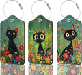 3 Pack Luggage Tag for Suitcase Leather Travel Cruise Luggage Tag with Stainless Steel Loop Name ID Label Privacy Cover for Adults Teens Travel Bag Labels Set (Black Cat Flower)