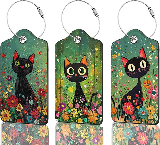 3 Pack Luggage Tag for Suitcase Leather Travel Cruise Luggage Tag with Stainless Steel Loop Name ID Label Privacy Cover for Adults Teens Travel Bag Labels Set (Black Cat Flower)