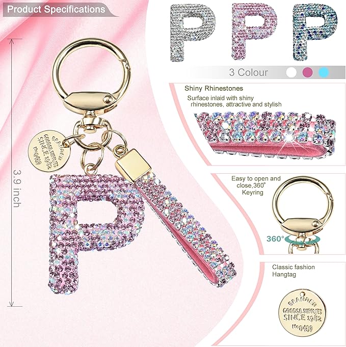 Pink Blue White Initial Letter Keychain Gift for Women Girls Bling Sparkly Cute Backpack Car Key Accessories Lanyard