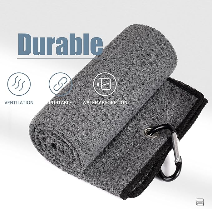 Mile High Life Tri-fold Golf Towel | 16" X 24" | Premium Microfiber Fabric | Waffle Pattern | with Heavy Duty Carabiner Clip | for Men and Women (Dark Gray)