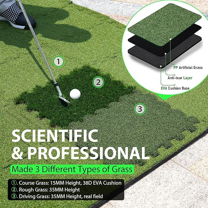 GAIARENA Golf Hitting Mat Premium Indoor & Backyard Practice Mat for Golf Simulator with Interchangeable Tri-Turf Tiles Course Driving Rough Grass 6.3'*3.8'