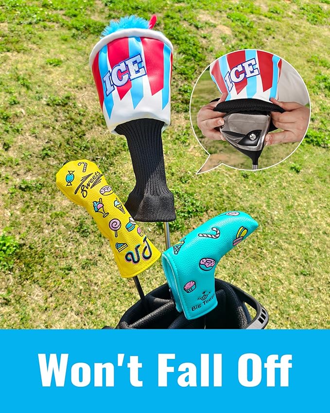 Big Teeth Driver Headcover Ice & Birdiee, Driver Covers for Golf Clubs, Funny Birdie Putter Cover,Milk Shake Ice Cream Mallet Putter Cover,Blue and Red Color