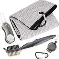Mile High Life Microfiber Waffle Pattern Golf Towel | Club Groove Cleaner Brush | Foldable Divot Tool with Magnetic Ball Marker (Gray Towel/Brush/Curve Divot)